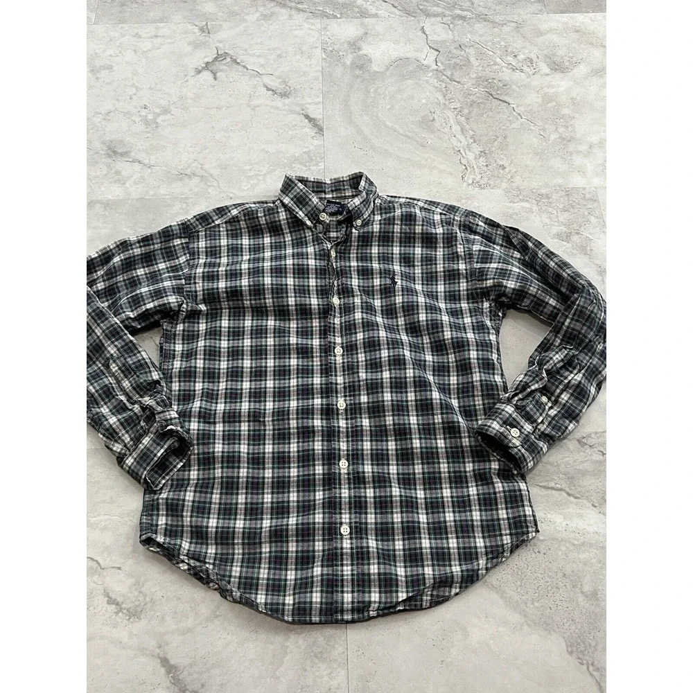 Ralph Lauren Long Sleeve Boys Size M Medium 10 - 12 Green Plaid Button Down